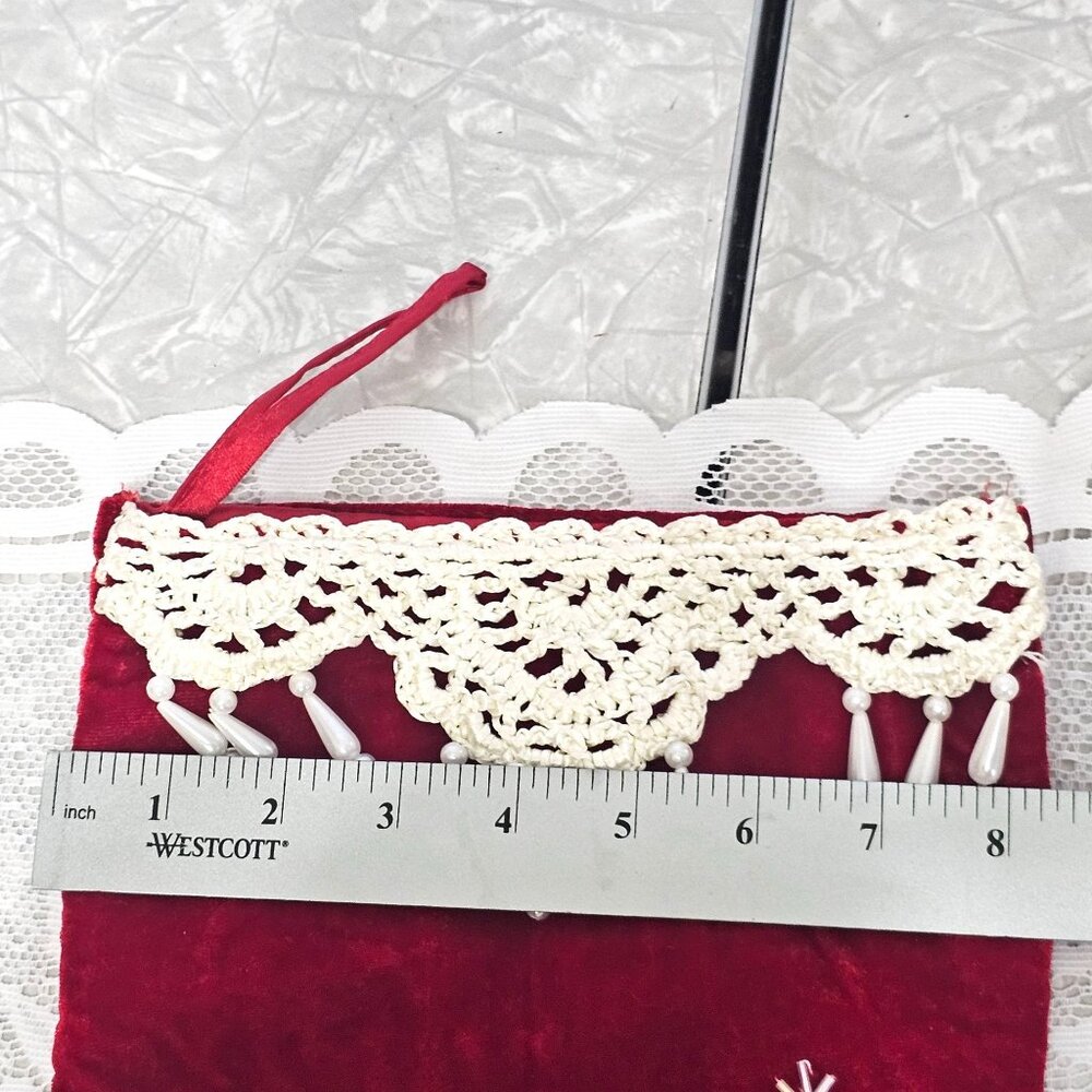 Red Velvet Christmas Stocking 18" handsewn ribbon reindeer lace beaded 2003 vtg - Picture 5 of 8